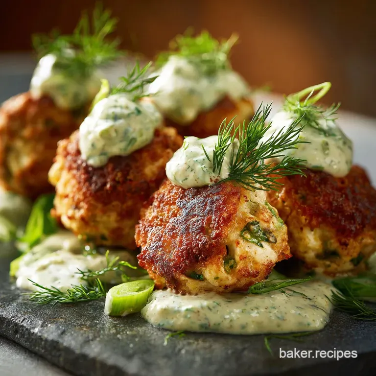 The Weeknight Wonder Quick Chicken Fritters with Silky Dill Sauce presentation