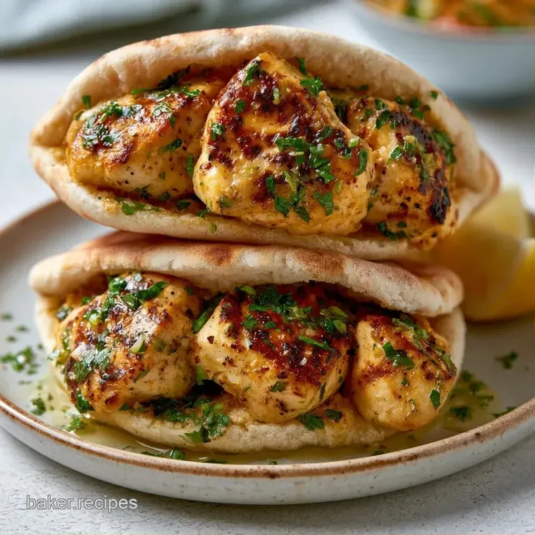 Two warm pita pockets sliced in half on a white ceramic plate with a side of colorful Mediterranean chopped salad.