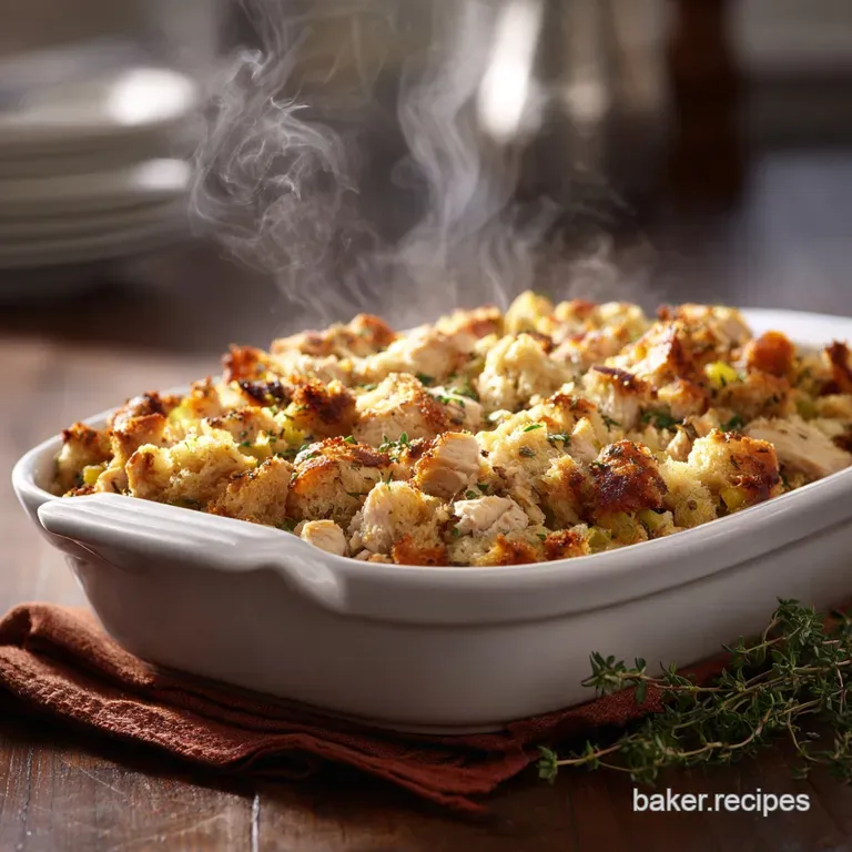 Chicken Stuffing Bake: Creamy Casserole Topped with Crispy Sage Stuffing presentation