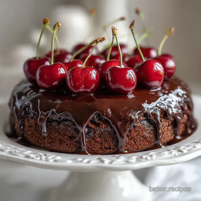 Slice of dark chocolate cherry cake on a white plate; powdered sugar dusting and whipped cream dollop add an elegant contr...