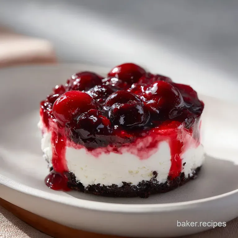 Slice of creamy chocolate cherry dessert with layers of whipped topping and chocolate shavings, artfully plated on white c...