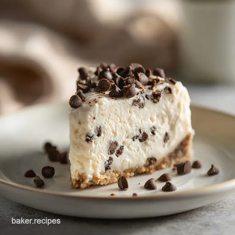 Slice of no-bake cheesecake with chocolate chips on a white plate. Creamy texture, graham cracker crust, chocolatey treat.