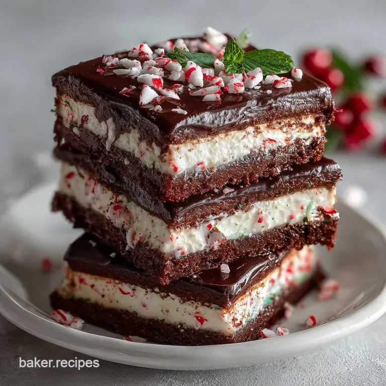 Elegant slice of peppermint chocolate dessert with distinct layers. Garnished with crushed candy canes and chocolate shavi...