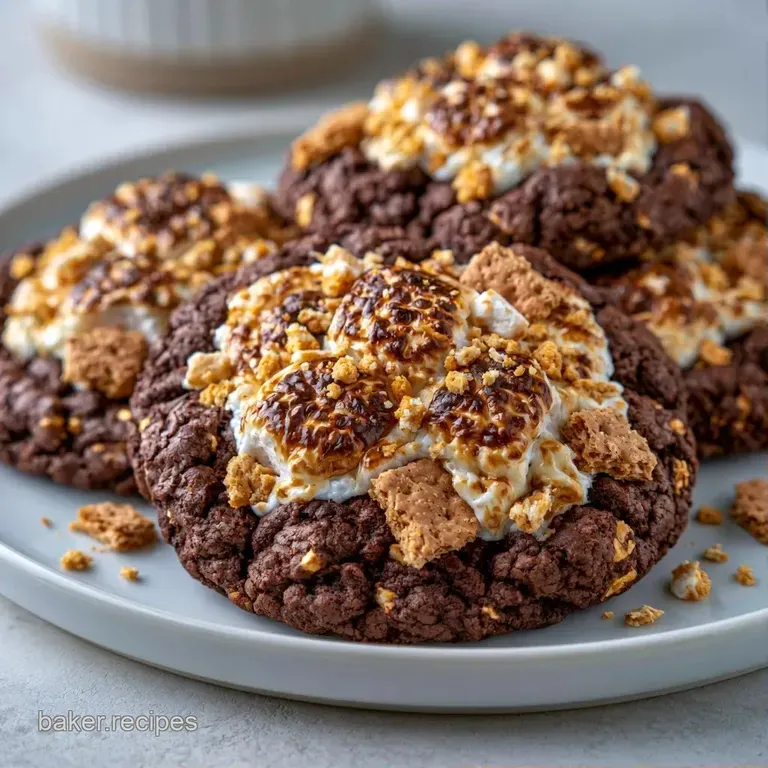 Three dark chocolate rounds stacked high with toasted white marshmallow centers on a minimalist white ceramic plate.
