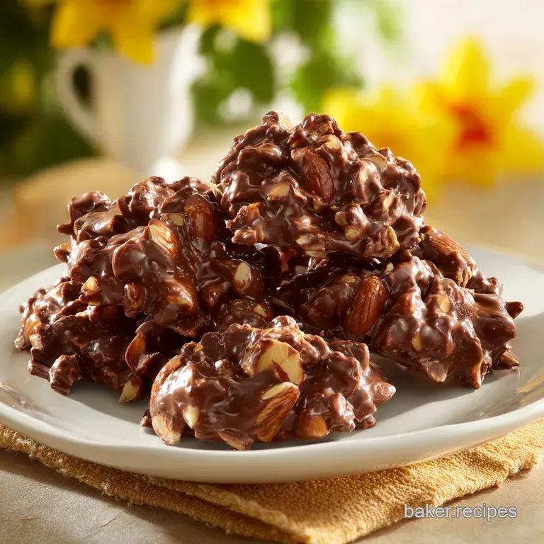 A trio of dark chocolate almond toffee clusters artfully arranged on a white plate. Light reflects off their enticing sheen.