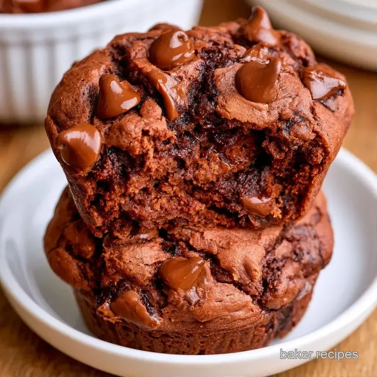 Two rich cocoa-colored muffins stacked on a white ceramic plate with a dusting of cocoa powder and fresh berries.