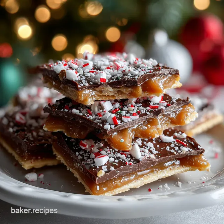 Stacks of glistening toffee crackers, generously topped with chocolate and nuts, arranged on a festive holiday plate.