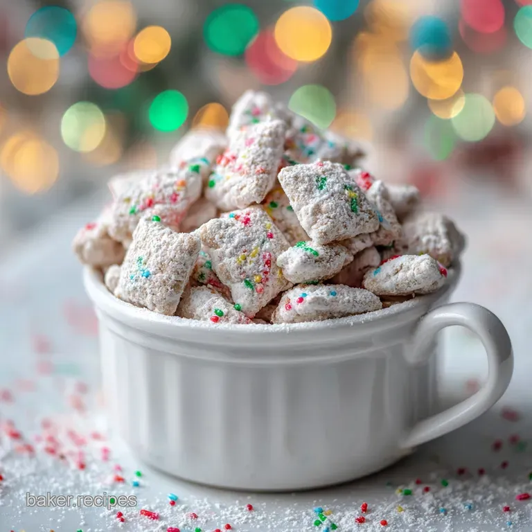 Festive holiday snack mix piled high in a red and white striped bowl, sprinkled with powdered sugar, ready to share.