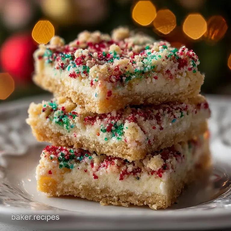 Slice of soft sugar cookie bar on a plate, topped with smooth frosting, a sprinkle of red and green sugar, ready to serve.