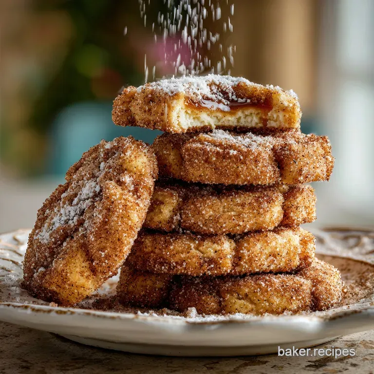 Churro cheesecake cookie halves stacked on a plate, dusted with cinnamon and sugar, showcasing their soft, textured interi...
