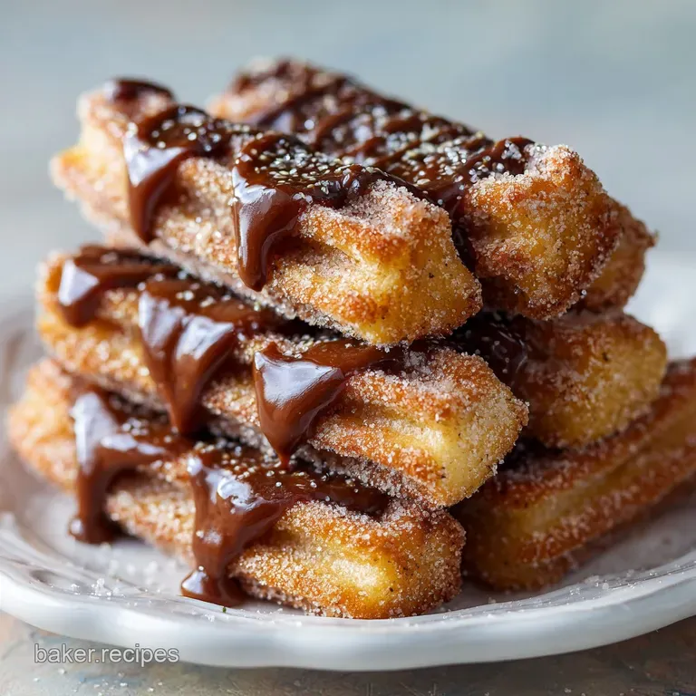 A stack of glistening churro toffee squares, drizzled with melted chocolate, sits on a rustic wooden board.