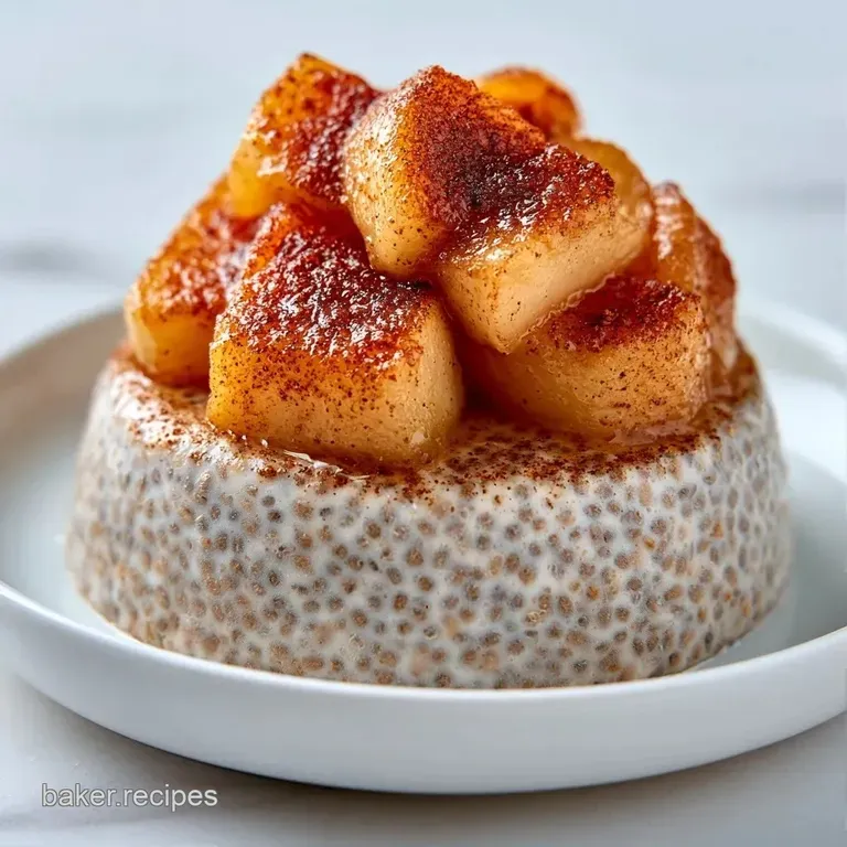 Elegant glass parfait showing layers of speckled beige cream and golden apple bits, finished with a cinnamon stick.