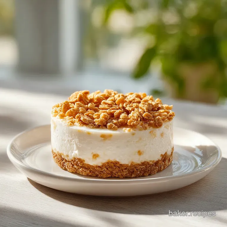 A slice of creamy cheesecake on a white plate, garnished with a drizzle of caramel and a fresh mint leaf.