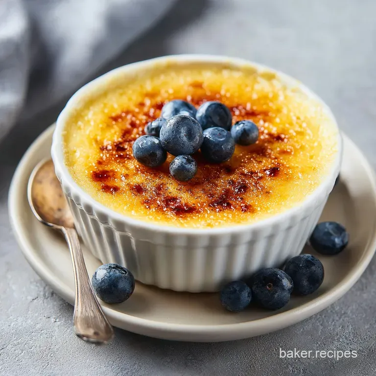 An elegant ramekin showcasing a perfectly torched, glassy sugar top over smooth, golden custard.