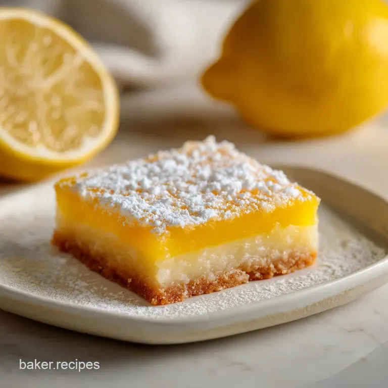 A single square of lemon bar, dusted with powdered sugar, served on a white plate.
