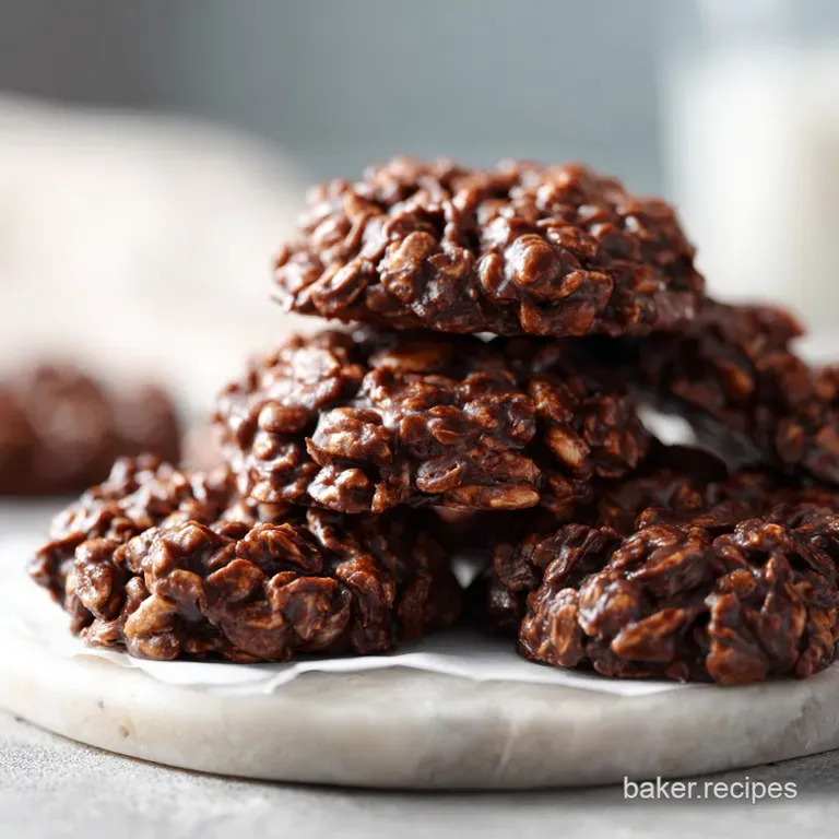 A rustic stack of chocolate no-bake cookies, dusted with cocoa powder, artfully arranged on a plate.
