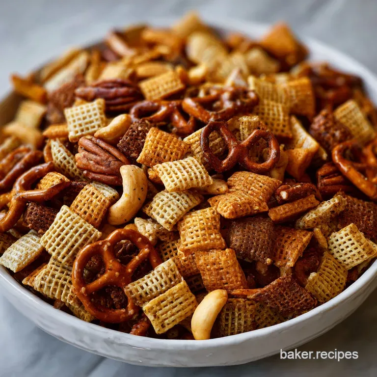 Festive bowl of warm, savory Chex mix, overflowing with crispy squares, pretzels, and nuts. Perfect snack for a gathering.