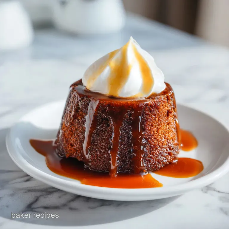 A warm slice of toffee pudding with a generous pour of glossy caramel sauce, elegantly served.