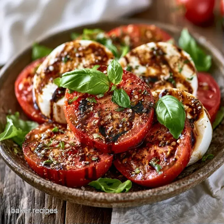 Alternating slices of ripe red tomato and soft white mozzarella on a white platter with a swirl of balsamic glaze.