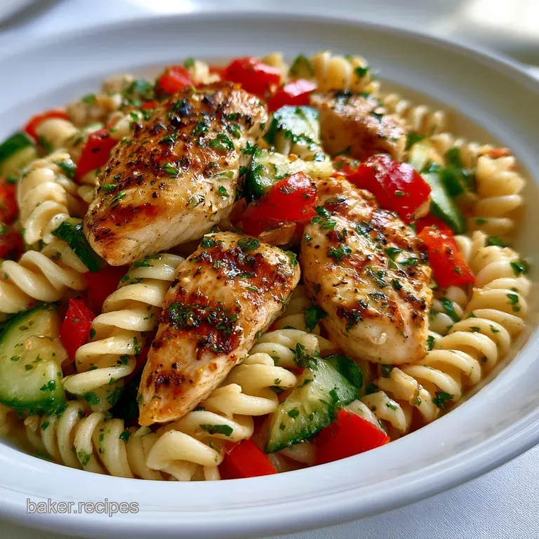 A bright white bowl filled with colorful pasta, grilled chicken, and crisp vegetables under soft, natural lighting.