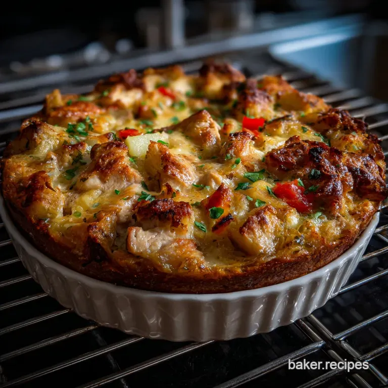 Tilted shot of a Parmesan-crusted bake, perfectly sliced to reveal a tender interior. A sprig of herbs adds a fresh, vibra...