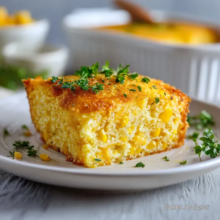 Creamy corn casserole served warm on a plate, garnished with fresh herbs. Steam rises, inviting a taste.