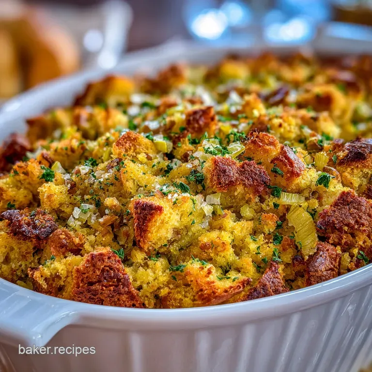 Elegant spoonful of fluffy cornbread dressing reveals moist interior with savory herbs, against backdrop of glazed dish.