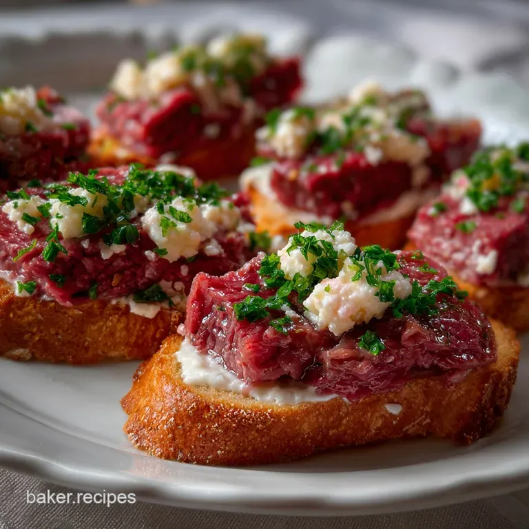 Elegant, plated appetizer with flaky pastry and tender corned beef. Garnished with a sprig of fresh parsley, offering a vi...