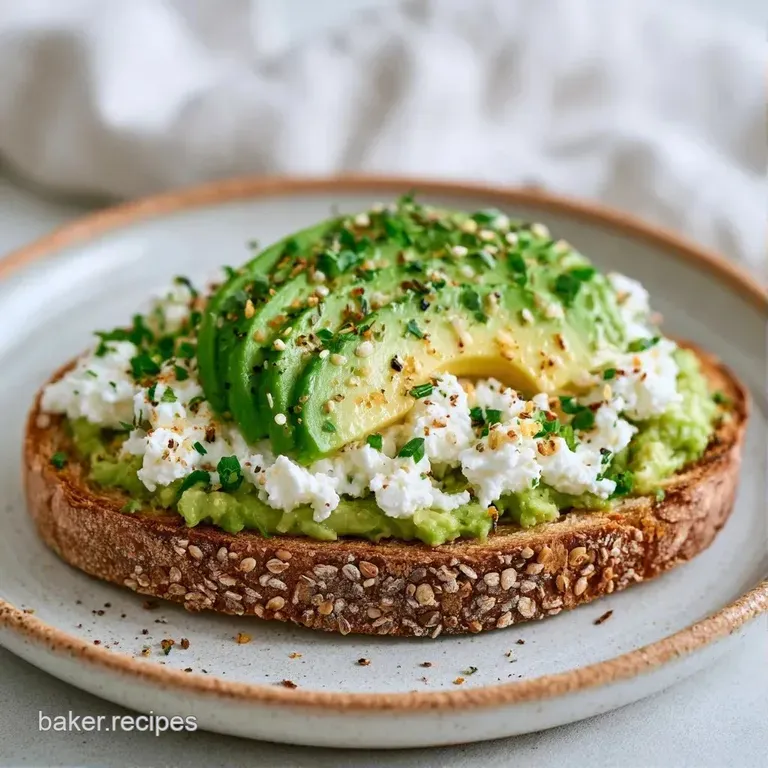 Two slices of toasted sourdough with white creamy curds and sliced avocado on a minimal white ceramic plate.