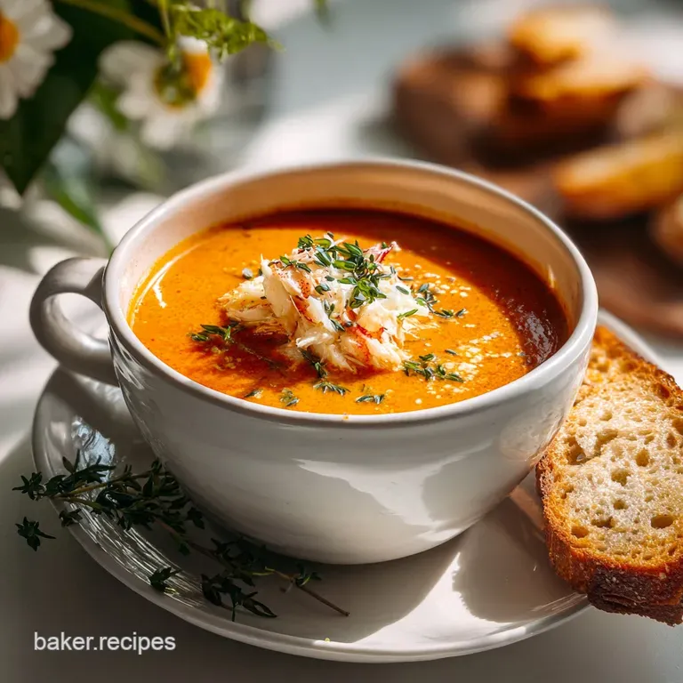 Elegant bowl of bisque with a generous lump of tender crab meat, a swirl of cream, and vibrant herb sprigs.