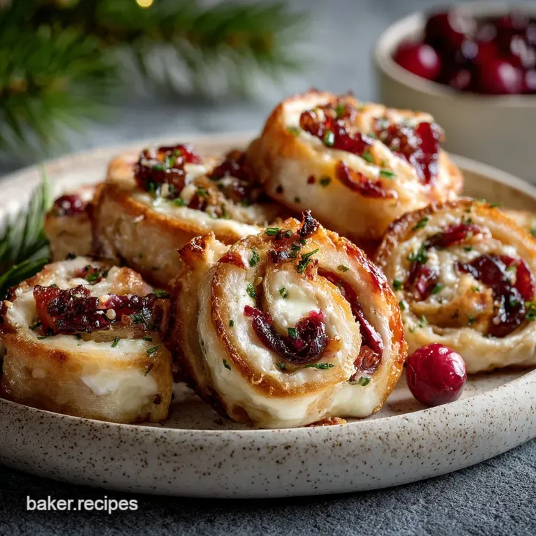 Elegant swirl of warm, golden-brown pinwheels with oozing brie and jeweled cranberries, garnished with fresh thyme sprigs ...
