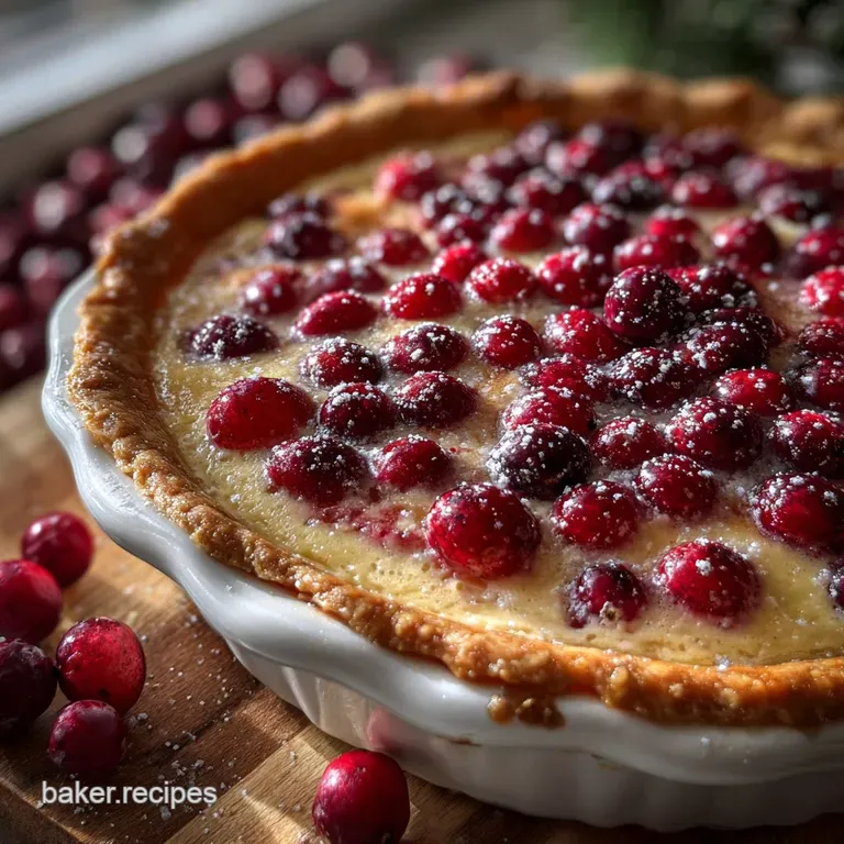Slice of cranberry custard pie with a flaky crust, sitting on a white plate, garnished with fresh cranberries.