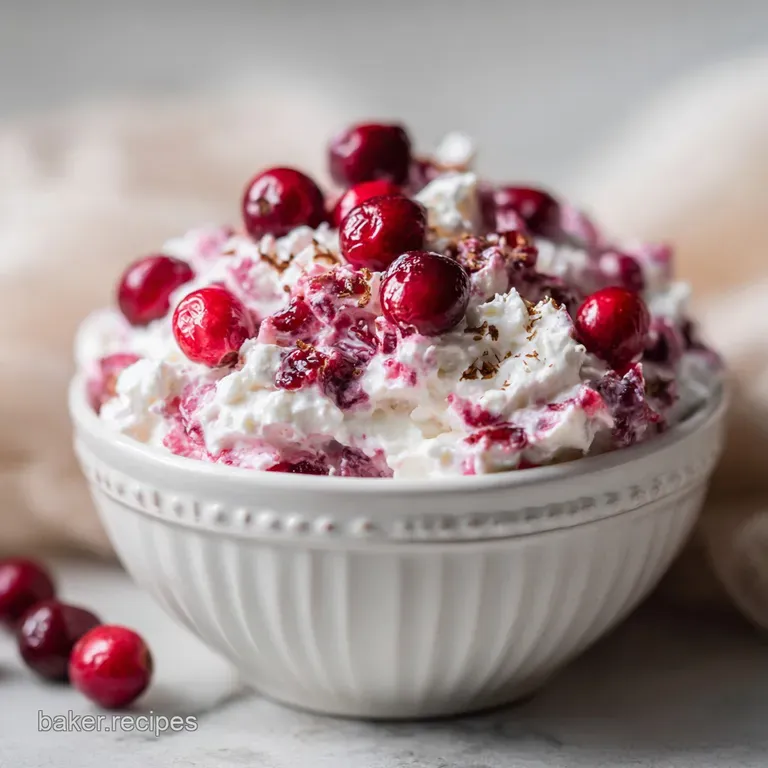 Fluffy pink cranberry dessert in a stemmed glass, topped with chopped pecans, showing creamy, airy texture and holiday vibe.