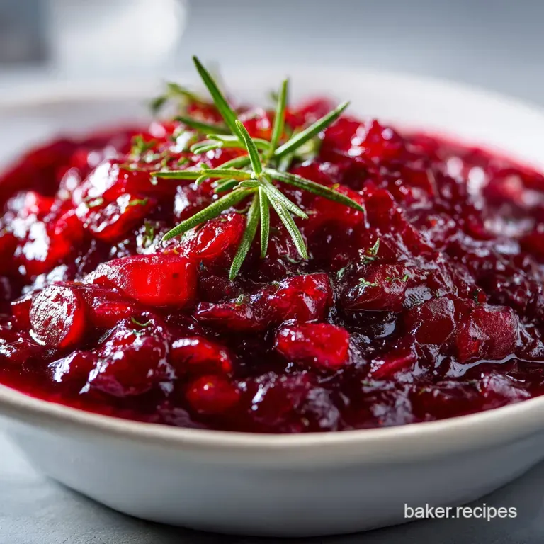 Relish in a crystal bowl on a table. Ruby-red cranberries contrast against orange zest and green garnish for holiday cheer.