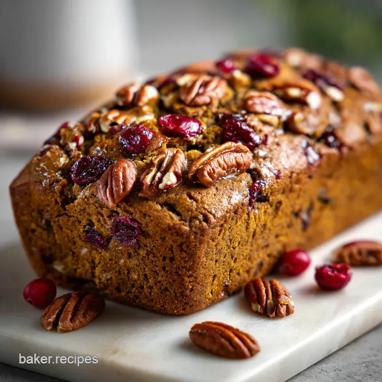 Slice of pumpkin bread with glossy glaze, studded with cranberries and pecans, against a warm, rustic background.