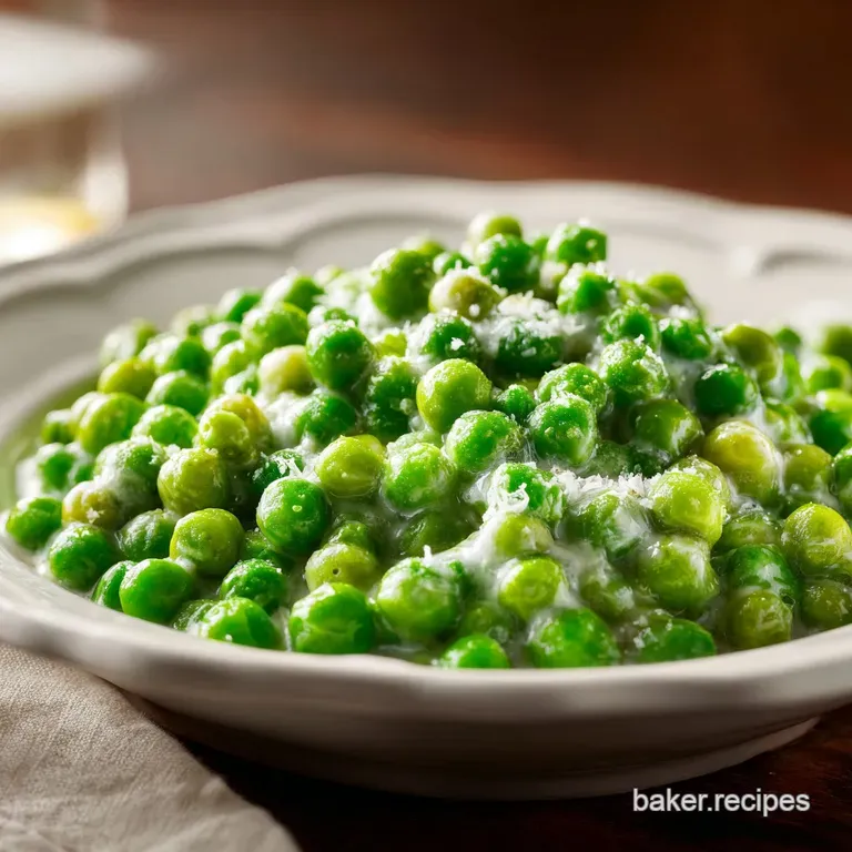 Close-up of a spoonful of creamed peas, showing the velvety texture and bright green color, garnished with fresh herbs.