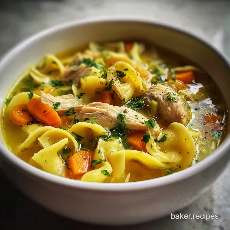 A shallow bowl filled with glistening chicken noodle soup, garnished with fresh parsley and a drizzle of cream.