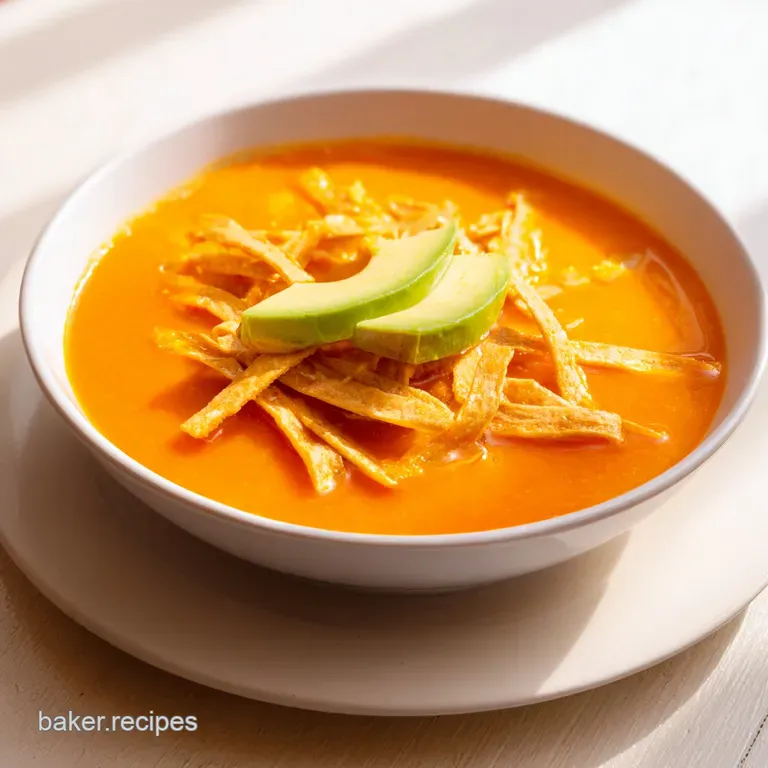 A rustic ceramic bowl of golden soup garnished with sliced avocado, lime wedges, and crunchy corn tortilla strips.