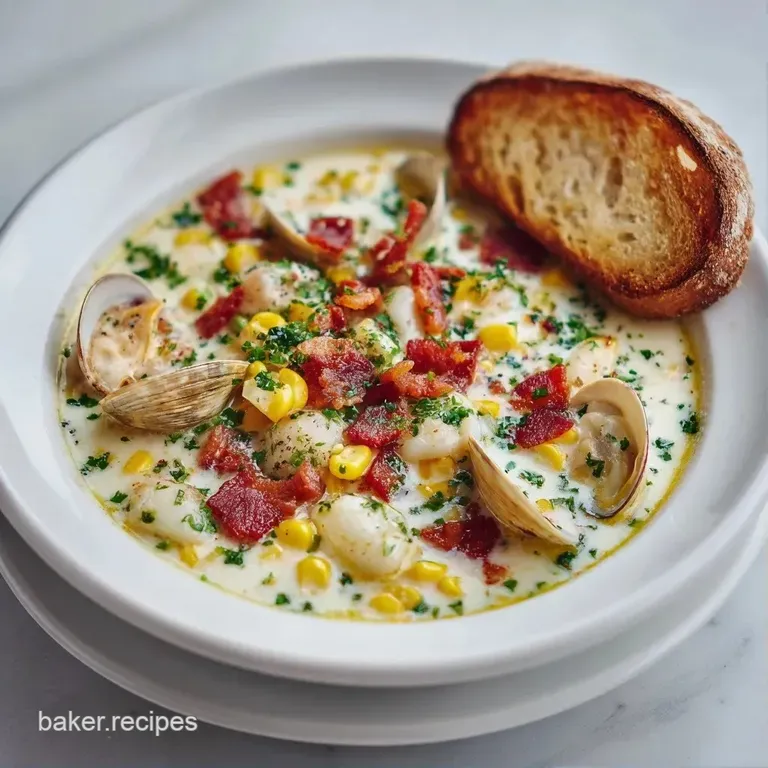 Thick, creamy yellow soup served in a ceramic bowl, garnished with salty bacon crumbles and a sprig of parsley.