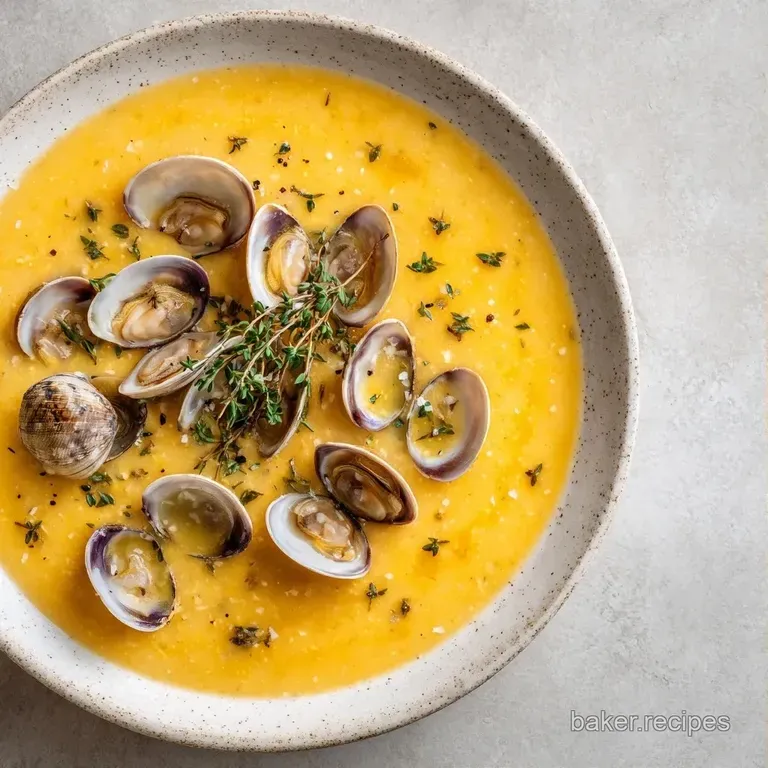 Rich yellow soup in a white ceramic bowl on a rustic tray with a slice of toasted, buttered sourdough bread.