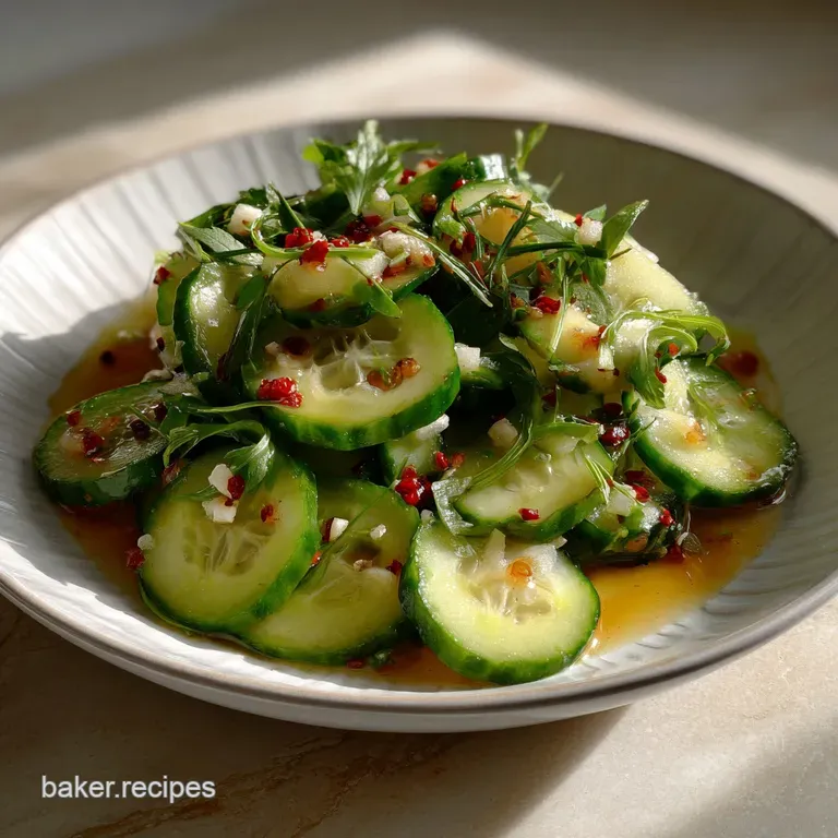 Silky cucumber salad elegantly arranged on a white plate, the cool green and white colors contrasting with a rustic wooden...