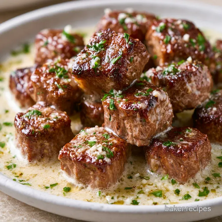 Seared beef cubes topped with shaved parmesan and fresh herbs, elegantly arranged on a white ceramic plate.