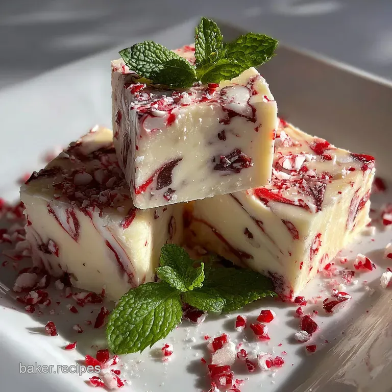 Neatly arranged peppermint fudge squares on a festive plate. The glossy chocolate contrasts with the matte peppermint swirls.