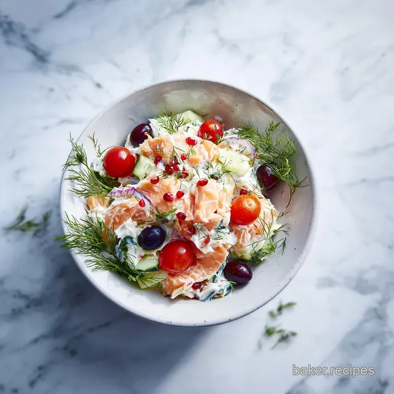 A dollop of salmon salad nestled on a bed of fresh lettuce leaves, garnished with dill sprigs.