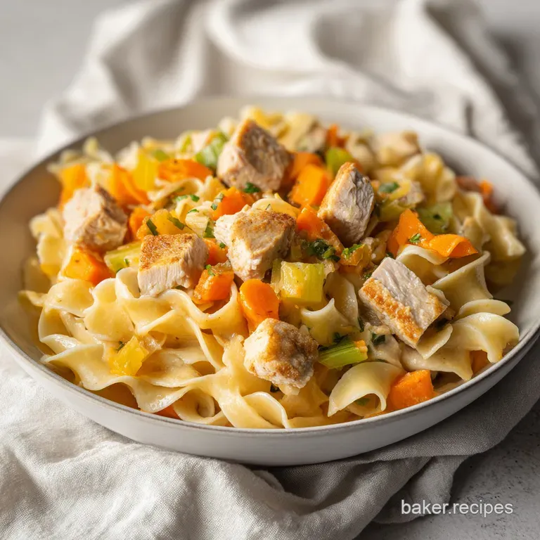 A neat scoop of creamy pasta and turkey topped with fresh parsley on a matte ceramic plate with a linen napkin.