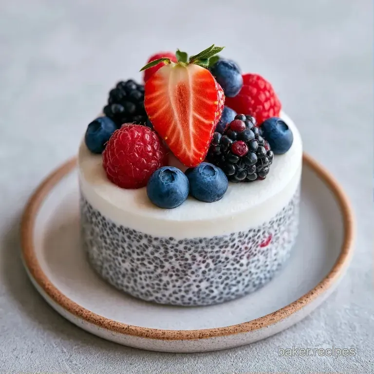 Layers of thick white cream and speckled seeds topped with raspberries and mint in a tall crystalline glass.
