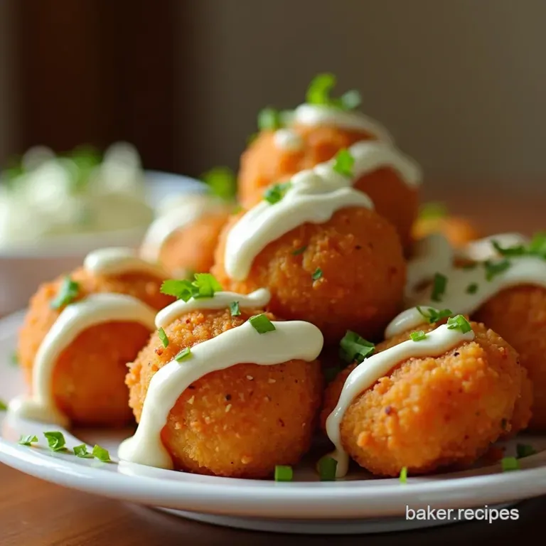 The Ultimate Crispy Buffalo Tater Tot Bombs with Creamy Blue Cheese Drizzle presentation