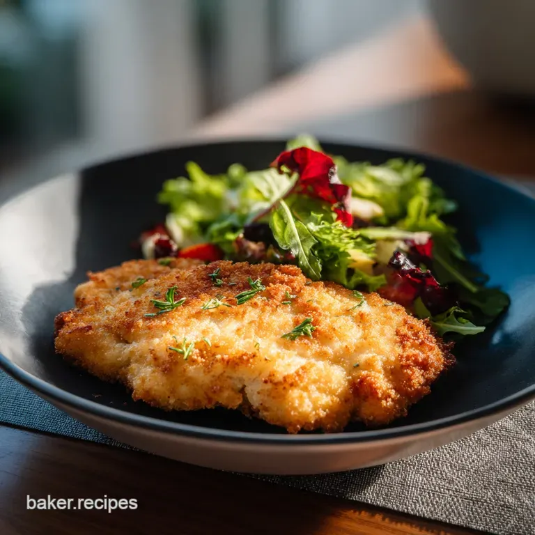 Crispy chicken schnitzel served on a white plate. Garnished with fresh parsley and bright lemon slices, inviting and delic...