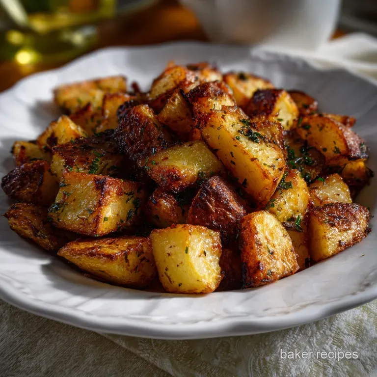 Perfectly golden home fries arranged artfully on a white plate, showcasing contrasting textures and a light dusting of fre...
