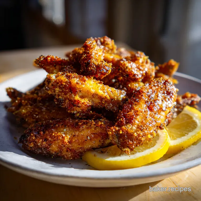 Crisp lemon pepper wings artfully arranged on a white plate, vibrant parsley garnish, hinting at zesty, savory deliciousness.